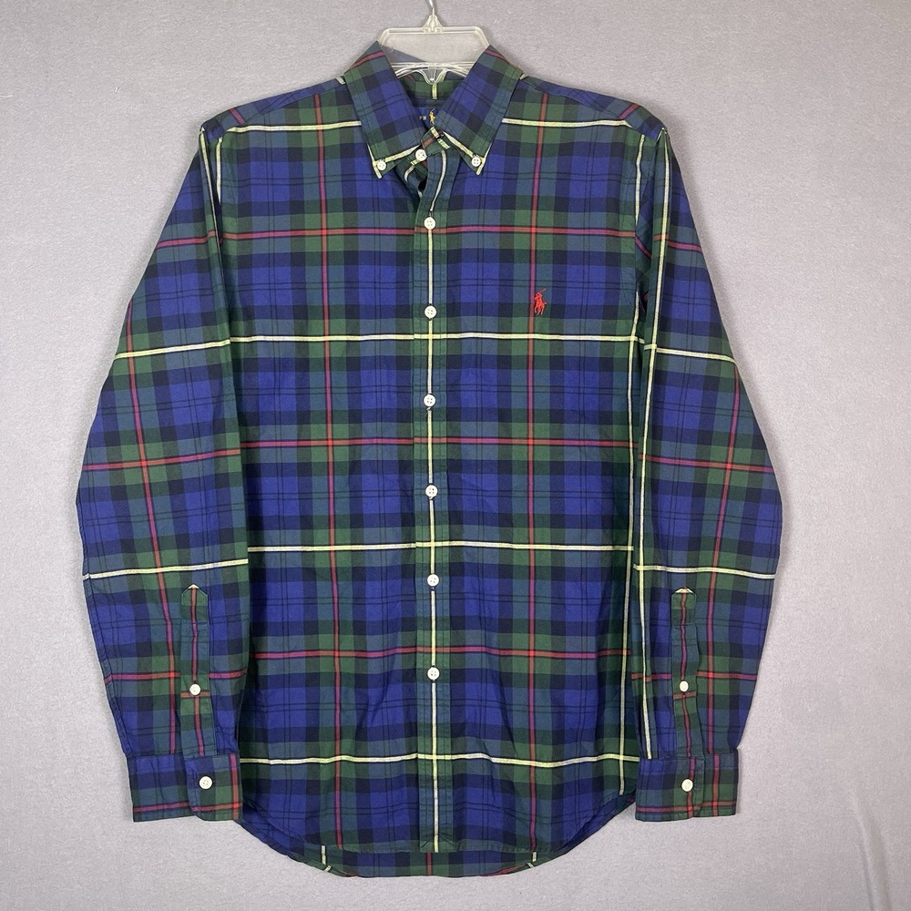 Ralph Lauren Stretch Green Plaid Slim Fit Long Sleeve Dress Shirt Red Pony SZ M